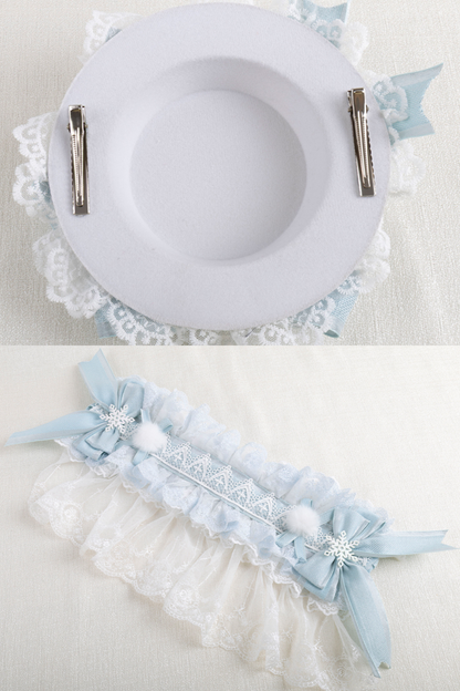 フリルアイスカラーロリータフラットハット+リボンクリップ+ヘアバンド+ハットクリップ