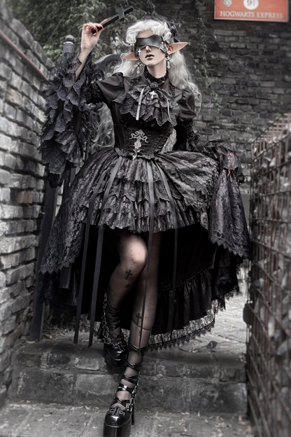 【Vorbestellung bis 18. März】 Dark Kawaii Gothic Lolita Rock + Shirt + Haarband + Hut + Ärmel