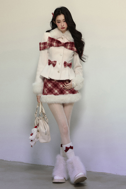 Check Ribbon Coat + Fur Check Skirt