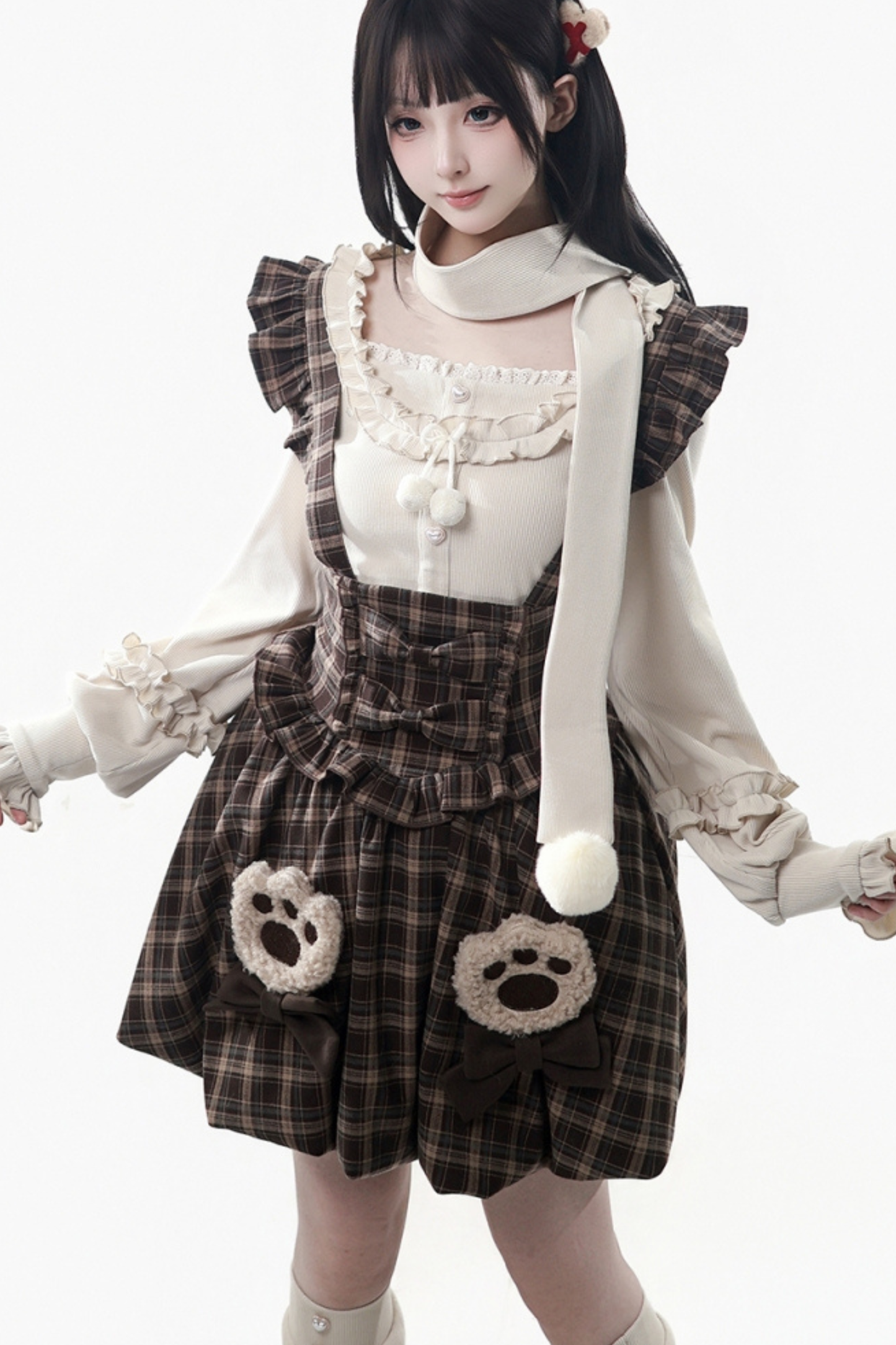 ベルベットベアフードケープ+トップス+サスペンダースカート+レッグカバー