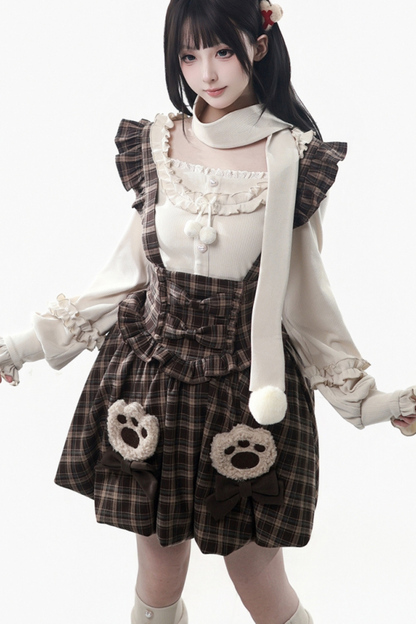 ベルベットベアフードケープ+トップス+サスペンダースカート+レッグカバー