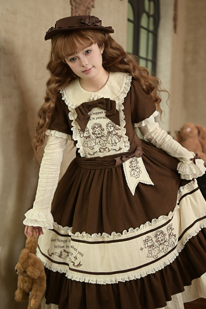 Doll Fairy Tale Lolita Dress + Ribbon Brooch + Belt + 2-way Embroidery Brooch