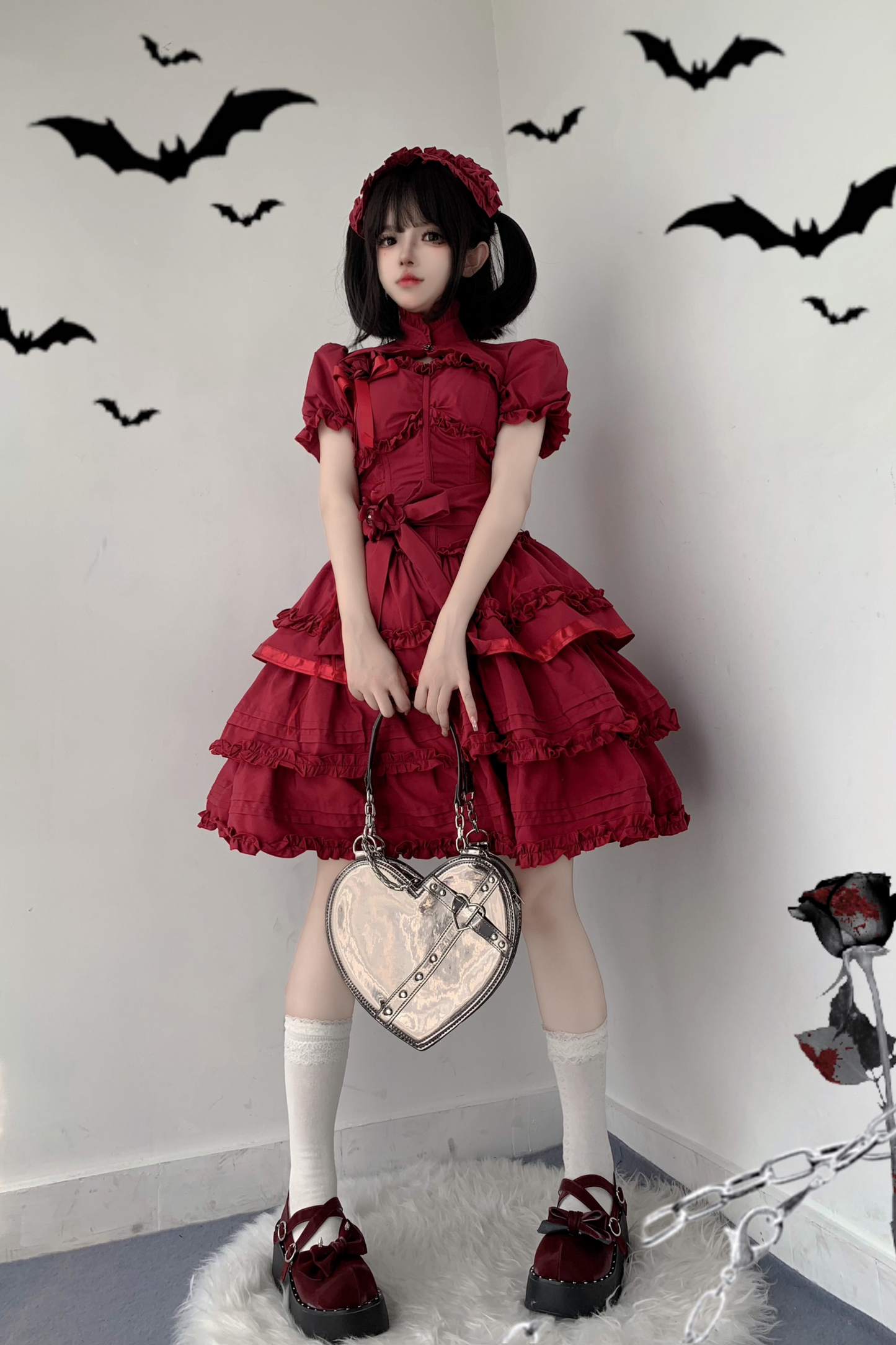 ゴシックレトロヘリンボーンウエストスリミングロリータドレス