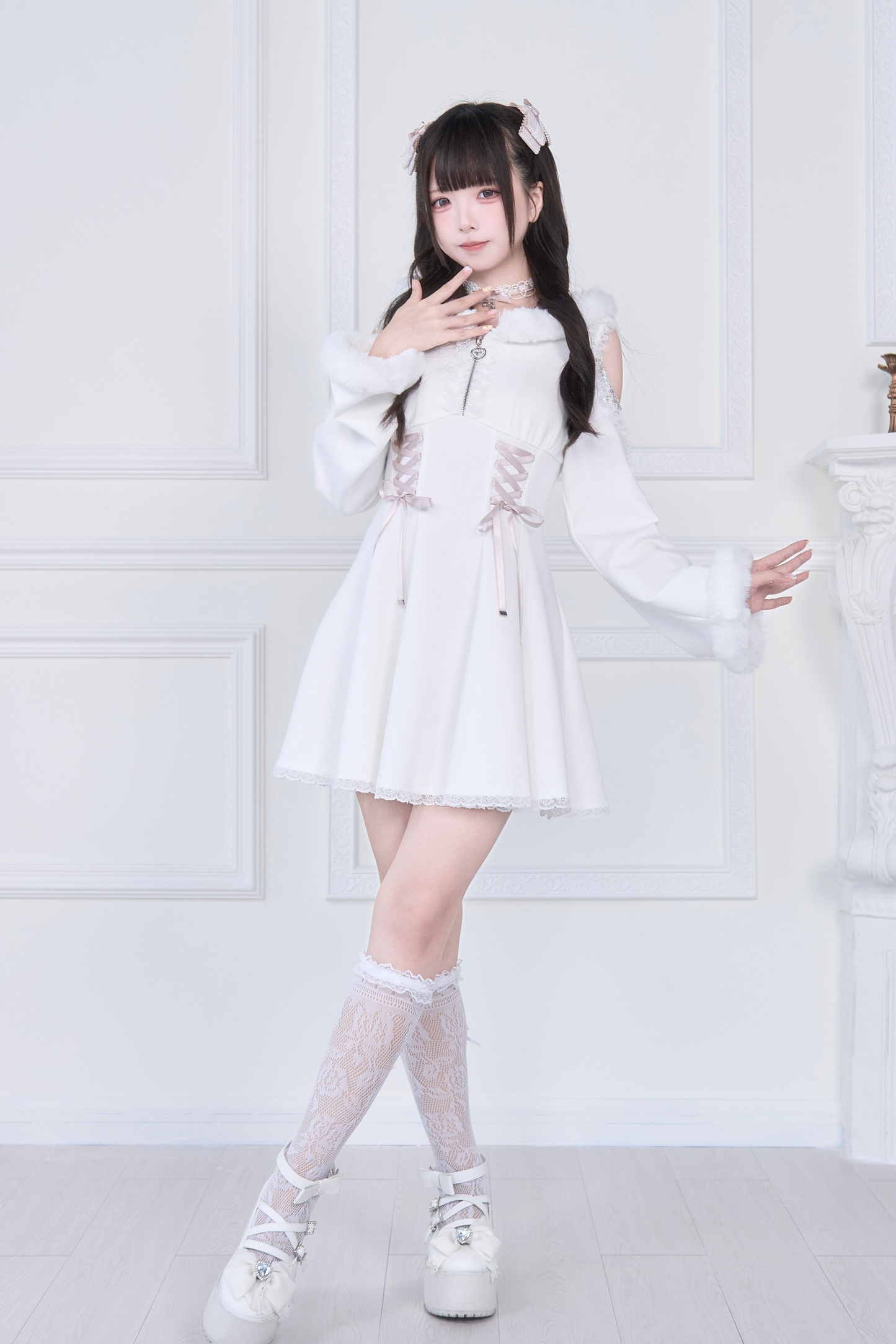 Lace-up Off-the-shoulder Fur Hooded Dress