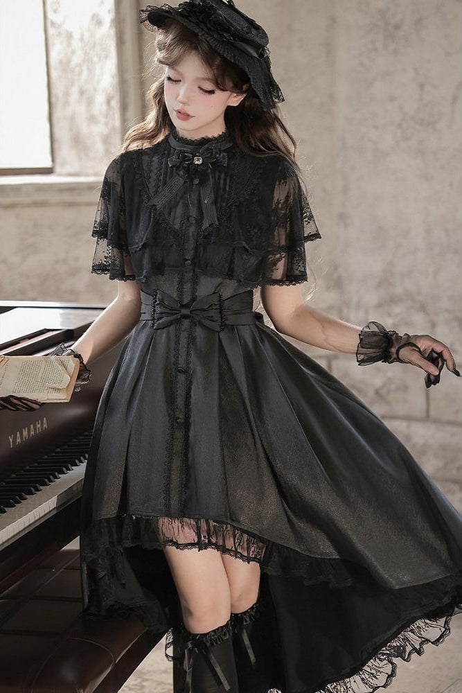 【10月8日予約締切】Black Classic Lolita Black Bow High-Low Dress(Sheer lace hem version / Plain satin frill hem version)