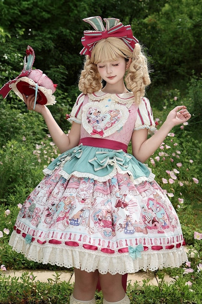 [Pre-order Deadline: July 1] Pink x Green Alice Cat Sweet Lolita Puff Sleeve OP Dress (with Ribbon Apron and Playing Card Motif Waist Belt)