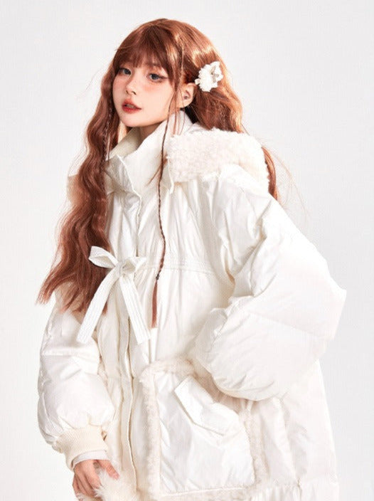 Boa Hoodie Sweet Ribbon Drawstring Long Down Coat