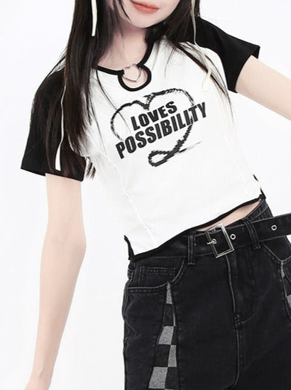 Heart Ring Key Neck Raglan Print T-Shirt