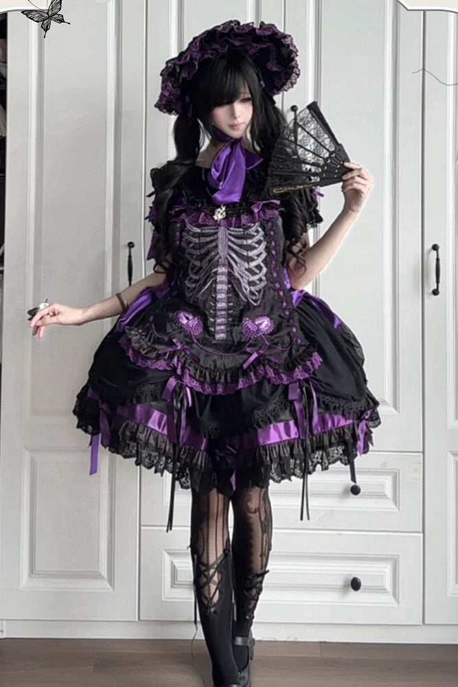 【11月4日予約締切】Blue-Black/Red-Black/Purple-Black Gothic Lolita Puff-Sleeve Lace Bow Doll Dress With Bone Embroidery Apron