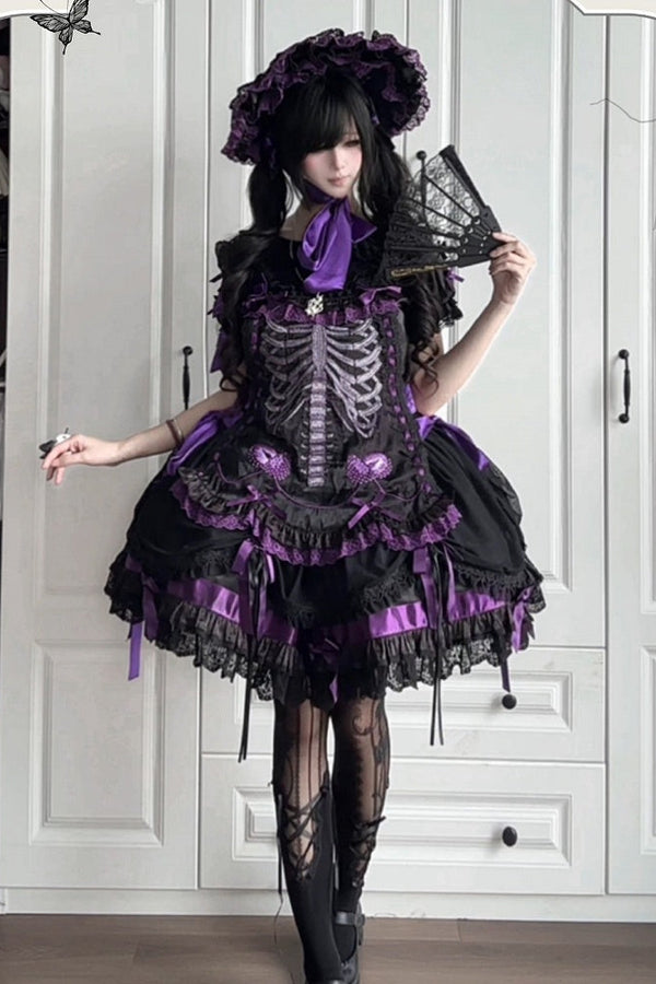 【11月4日予約締切】Blue-Black/Red-Black/Purple-Black Gothic Lolita Puff-Sleeve Lace Bow Doll Dress With Bone Embroidery Apron