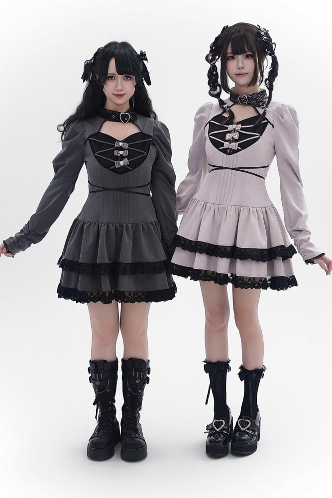 [Reservierungsschluss 28. September] Pink x Schwarz/Grau x Schwarz Gothic-Kleid mit herzförmigem Ausschnitt, Gürtelkragen, Spitzenbesatz und Schleifendetail