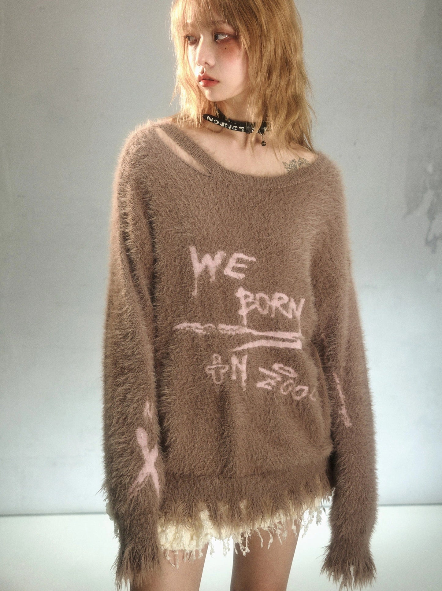 Romantic Punk Graffiti Jacquard Mink Fur Loose Knit