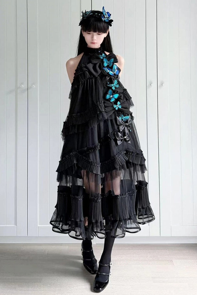 [Pre-order Deadline: October 14] Black/White Gothic Lolita Blue Butterfly Bow Tulle Ruffle Layered Halter Dress