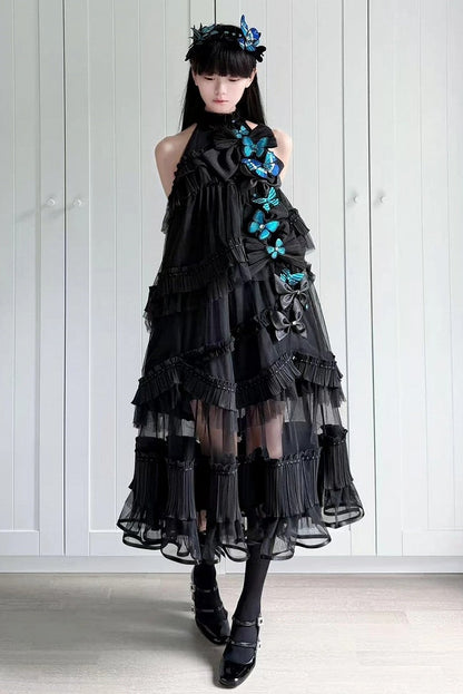 [Pre-order Deadline: October 14] Black/White Gothic Lolita Blue Butterfly Bow Tulle Ruffle Layered Halter Dress