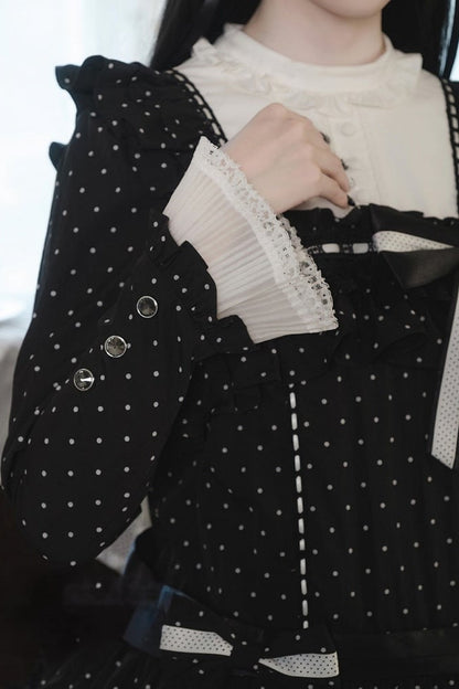 [Date limite de réservation : 22 octobre] Robe de poupée taille basse gothique Lolita à pois/noire avec touches de piano, nœud à volants