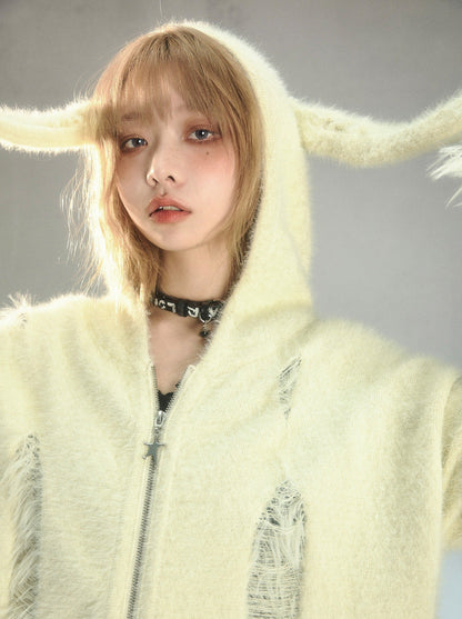 Bunny-Ear Hooded Ripped Shaggy Fur Knit Cardigan