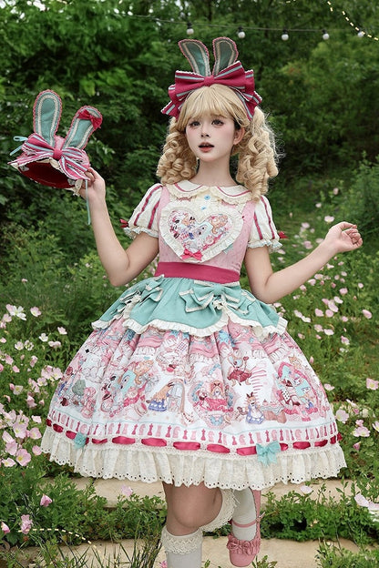 [Pre-order Deadline: July 1] Pink x Green Alice Cat Sweet Lolita Puff Sleeve OP Dress (with Ribbon Apron and Playing Card Motif Waist Belt)