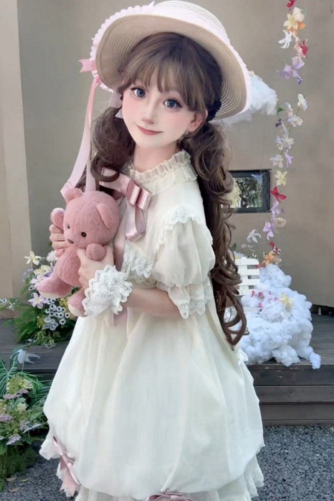 【9月19日予約締切】Pink x Beige / Dark Blue x Beige Doll Style Sweet Lolita Bow Lace Puff Sleeve Dress + Dress Set + Full Set