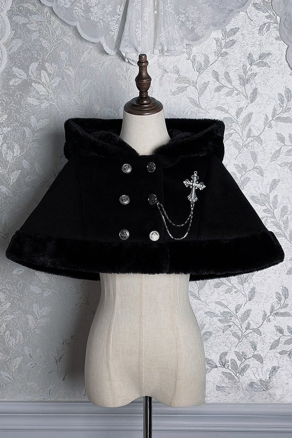 Black Mist Banquet Gothic Hoodie Fur Cape Coat + Cross Chain Brooch