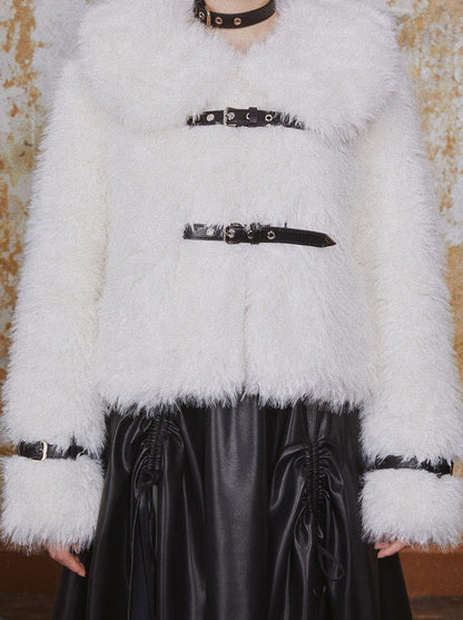 Sweet Cool Leather Button Sheep Curl Fur Coat