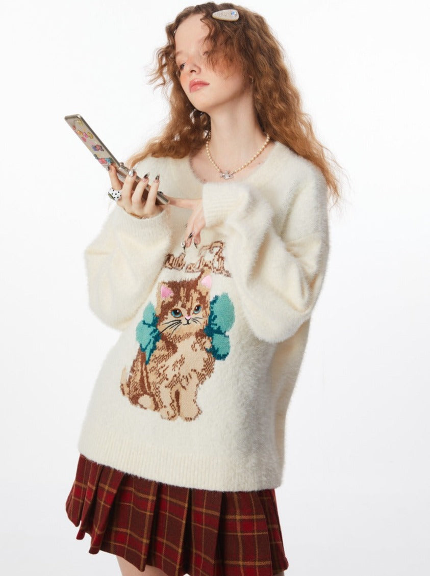 American Retro Cat Design White Knit