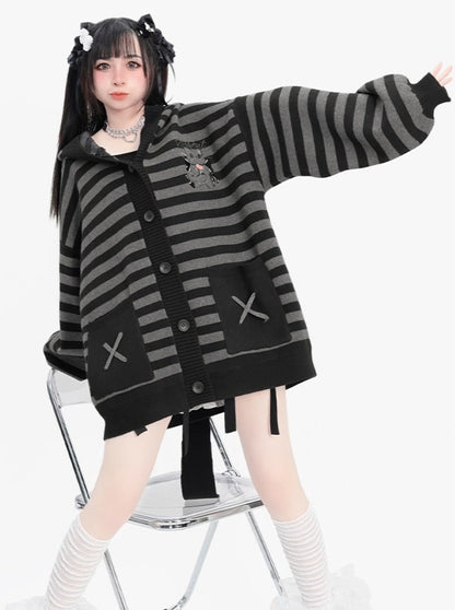 Striped Hooded Over Cat Cardigan