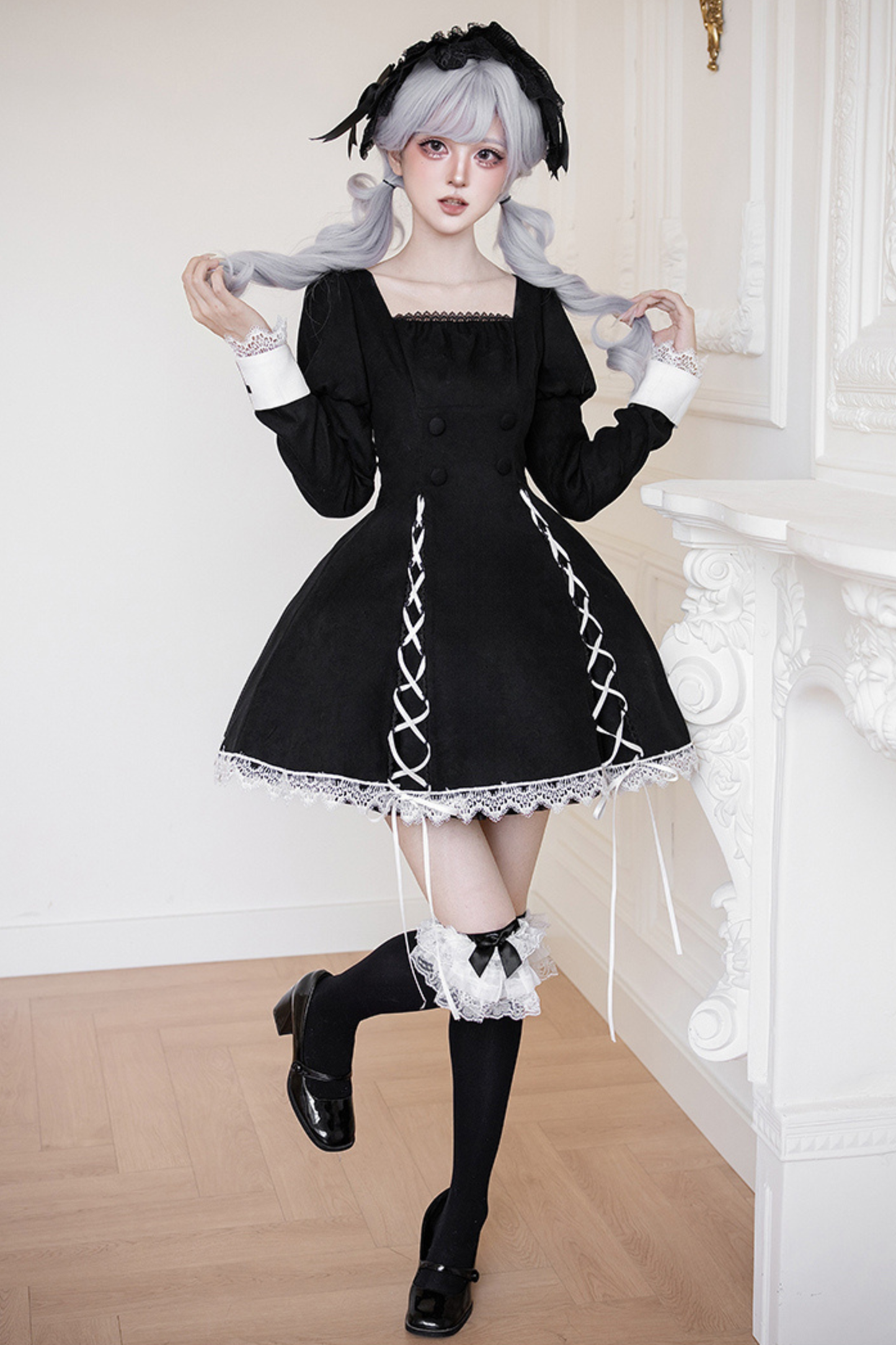 シックマーメイドドレス+レースアップショートドレス+マントコート+カラー+リボンブローチ