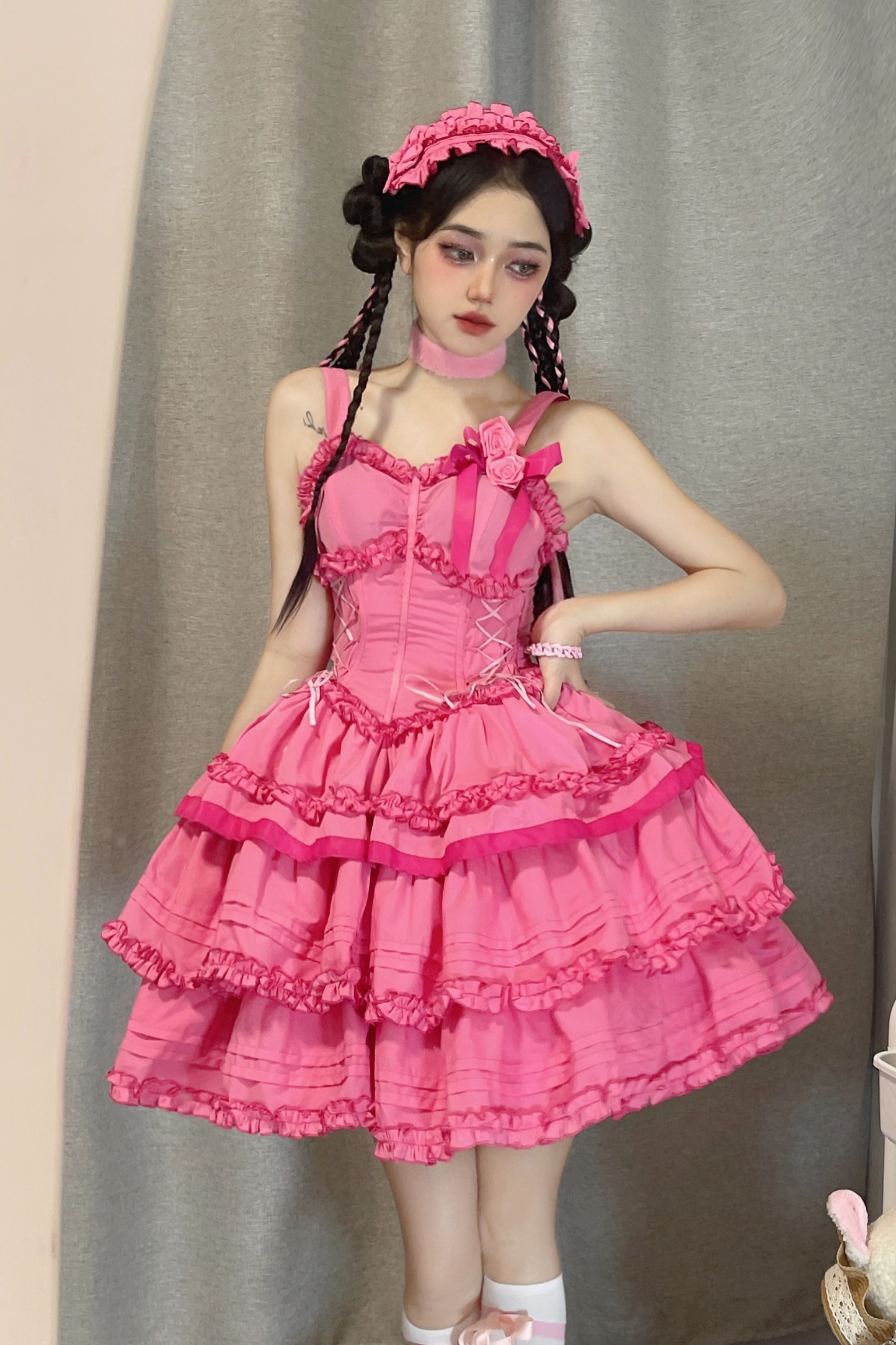 ゴシックレトロヘリンボーンウエストスリミングロリータドレス