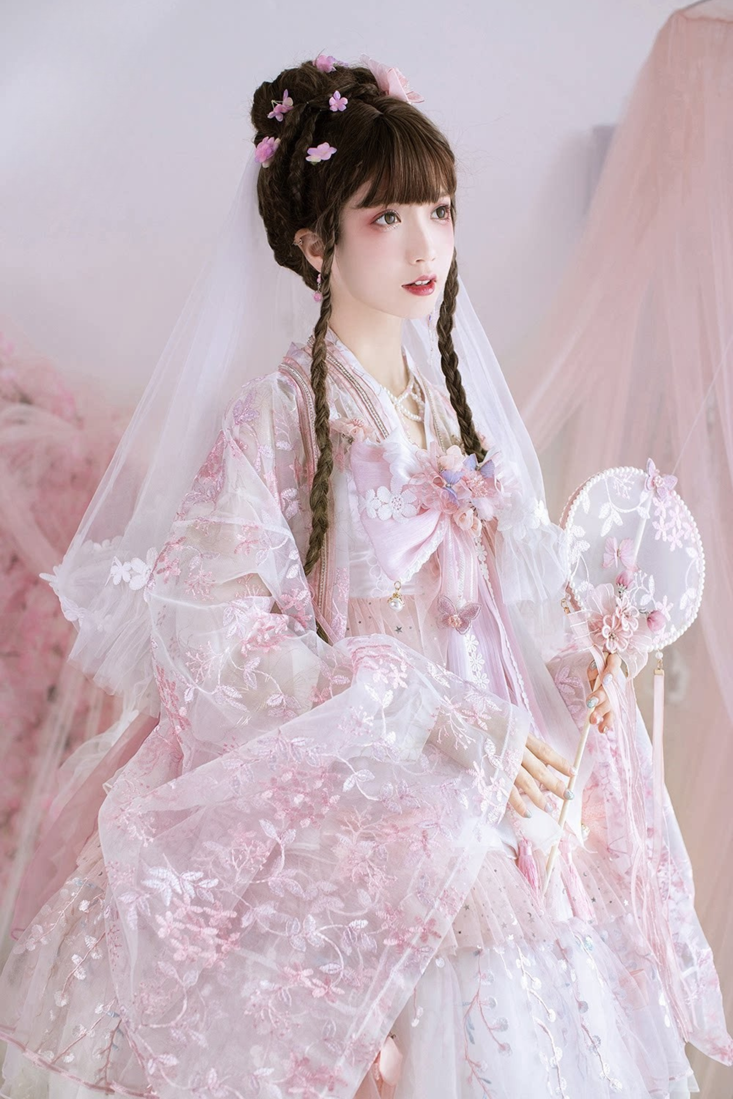 사쿠라 스위트 차이나 로리타 셔츠 + 목걸이 + 리본 + 베일 + 클립