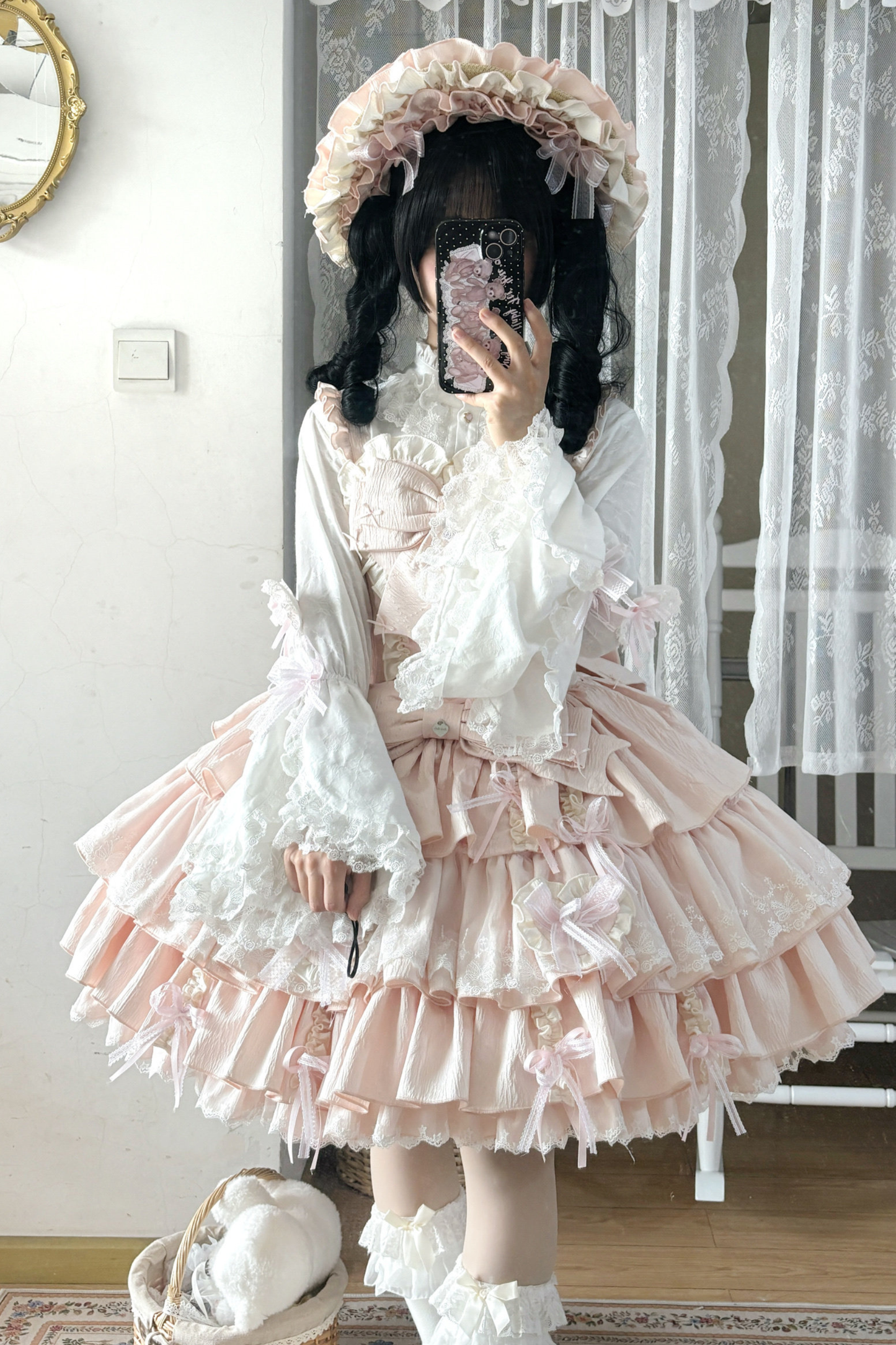 レイヤーフリルスイートプリンセスロリータジャンパースカート+テール+ヘアバンド+ケープ+ボンネット