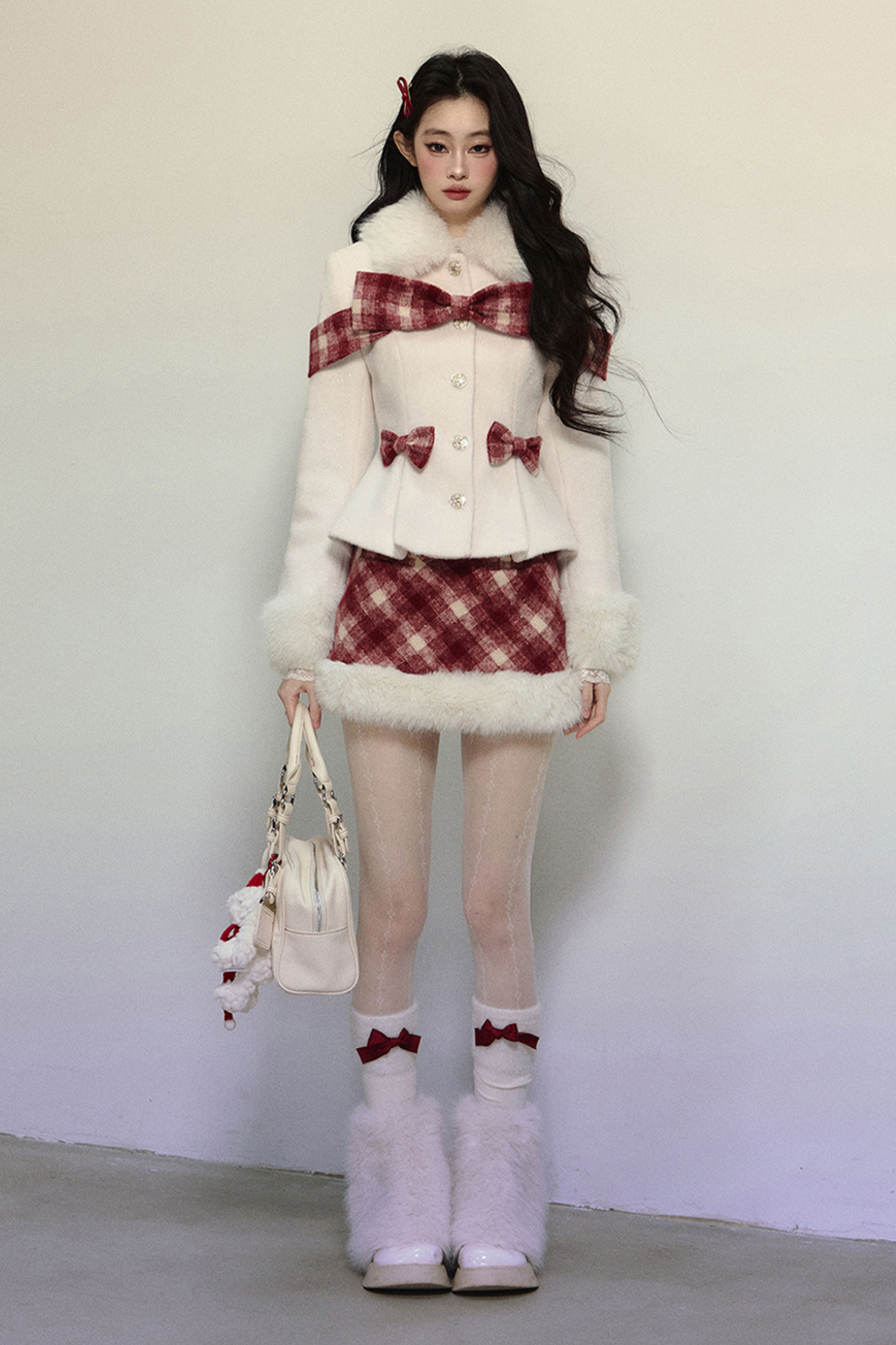 Check Ribbon Coat + Fur Check Skirt