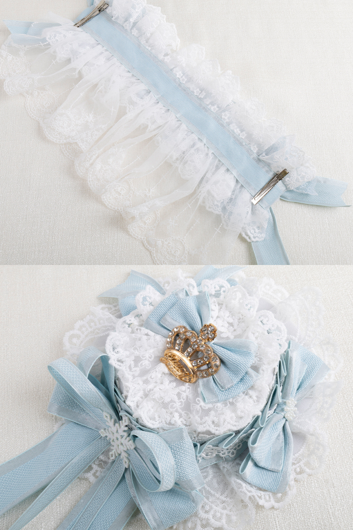 フリルアイスカラーロリータフラットハット+リボンクリップ+ヘアバンド+ハットクリップ