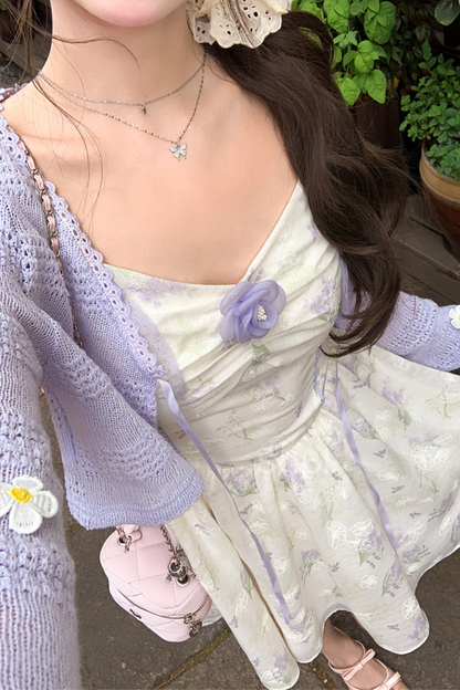 French Flower Off-the-shoulder Dress + Cardigan