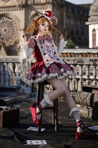 ドールサーカスピエロロリータドレス+カチューシャ+ベルト+リボン+カチューシャ+バッフル
