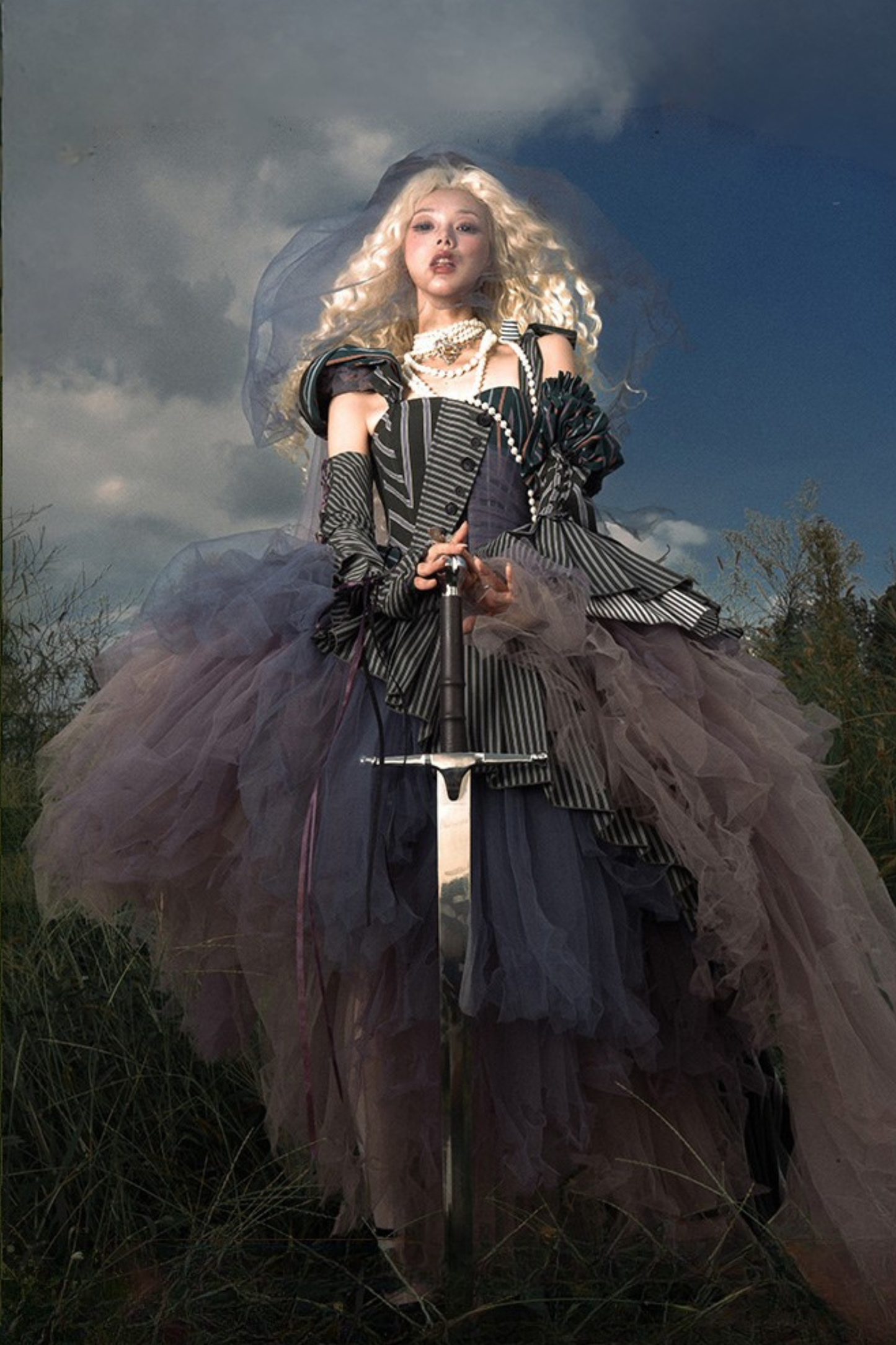 【予約商品】ストライプグリッドファンタジードレスセット＋アシメチュールスカート＋ベール