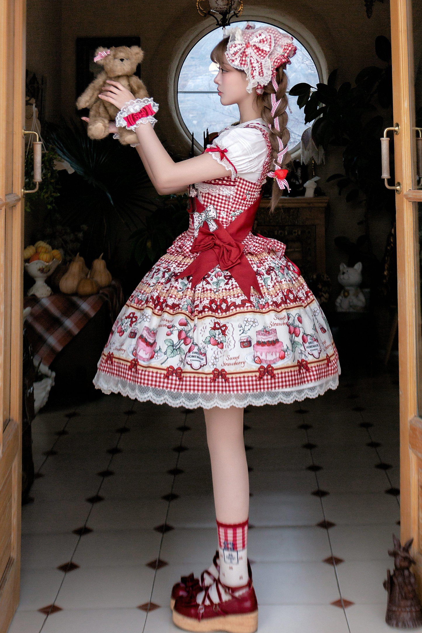 [Vorbestellung bis 14. März] Castle-Strawberry-Süß-Lolita-Hosenträgerrock + Oberteil + Unterhemd + Stirnband + Band