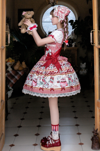 [Vorbestellung bis 14. März] Castle-Strawberry-Süß-Lolita-Hosenträgerrock + Oberteil + Unterhemd + Stirnband + Band
