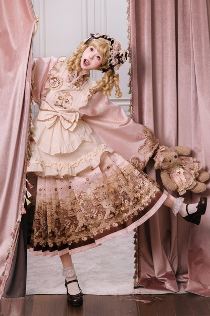 Kleines Bär-Dessert-Haus Kleid + Rock + Schürze + Brosche + Überrock