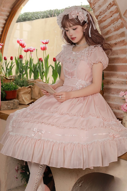 Cherry blossom color sweet princess Lolita dress + doll color top + sheer cardigan + apron