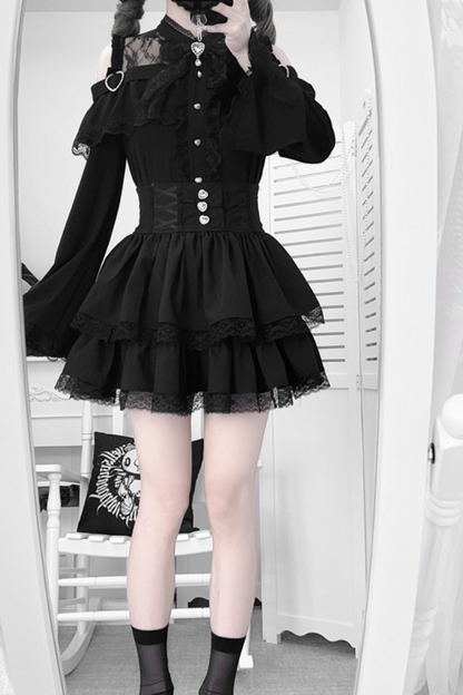 Lace off-the-shoulder shirt + lace-up skirt