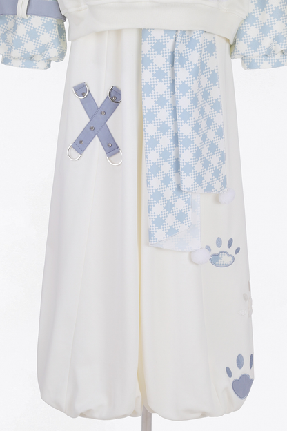 デジタルチェックトップス+ワイドパンツ+ベルト+ネクタイ