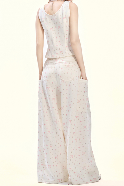 リトルキュートフラワーフードパーカー+リボンキャミソール+ワイドパンツ