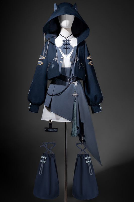 서브컬처 고양이 사료 재킷 + 언밸런스 원피스 + 레그 워머 + 링