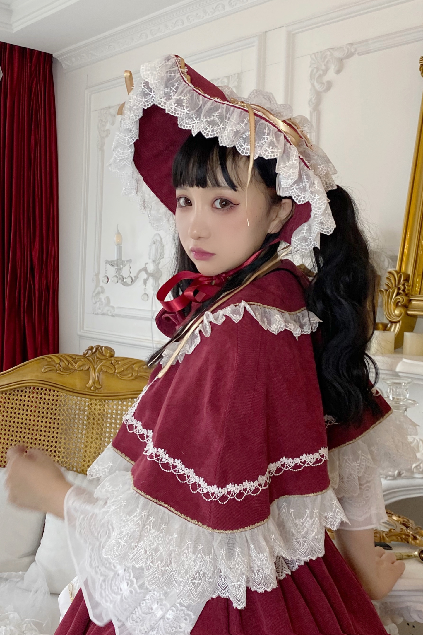 ゴシックドールレースジャンパースカート+ベイビーキャップ+ヘアバンド+ショール