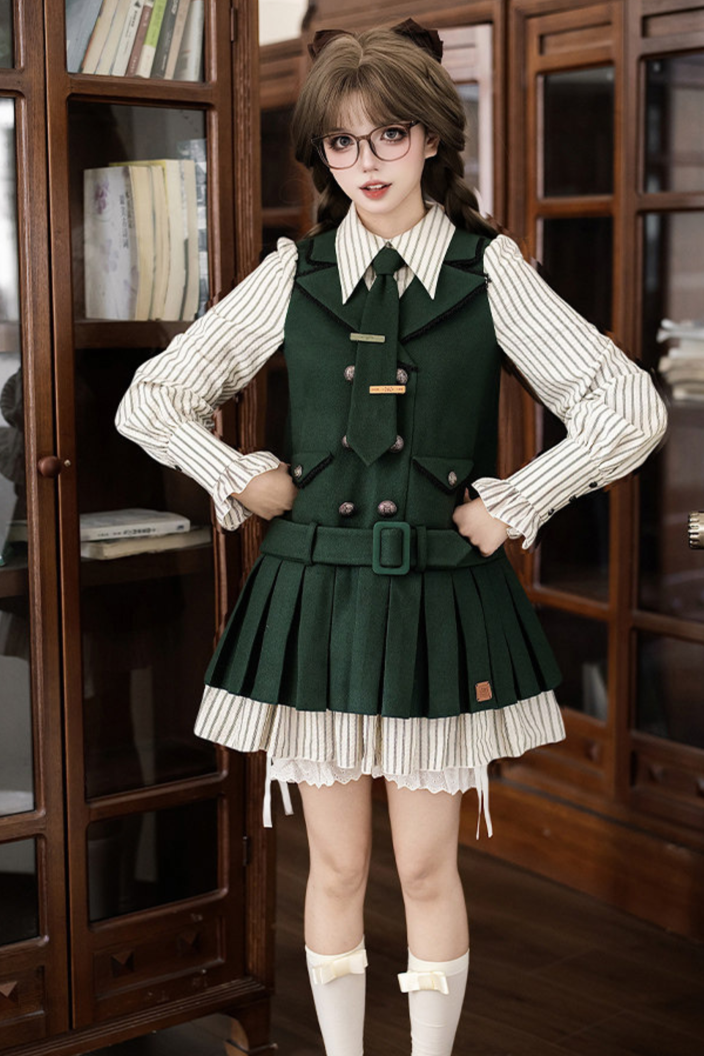 Baker Street Cloak Coat + Striped Dress + Pumpkin Pants + Hat