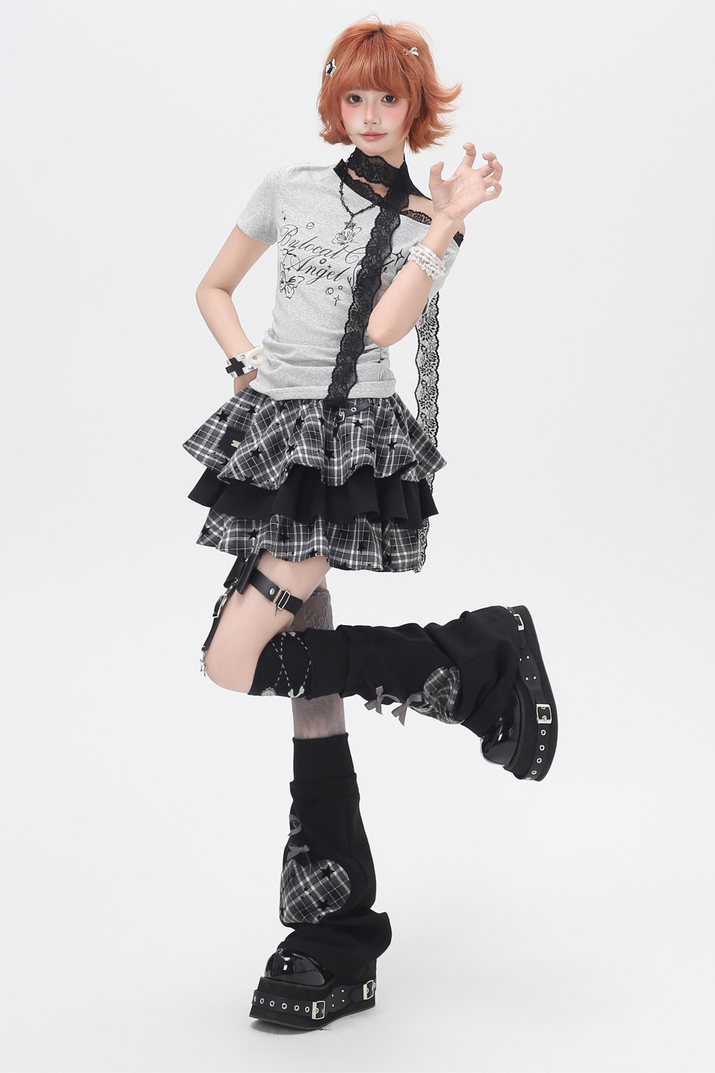 レースデザインワンショルダースリムトップス