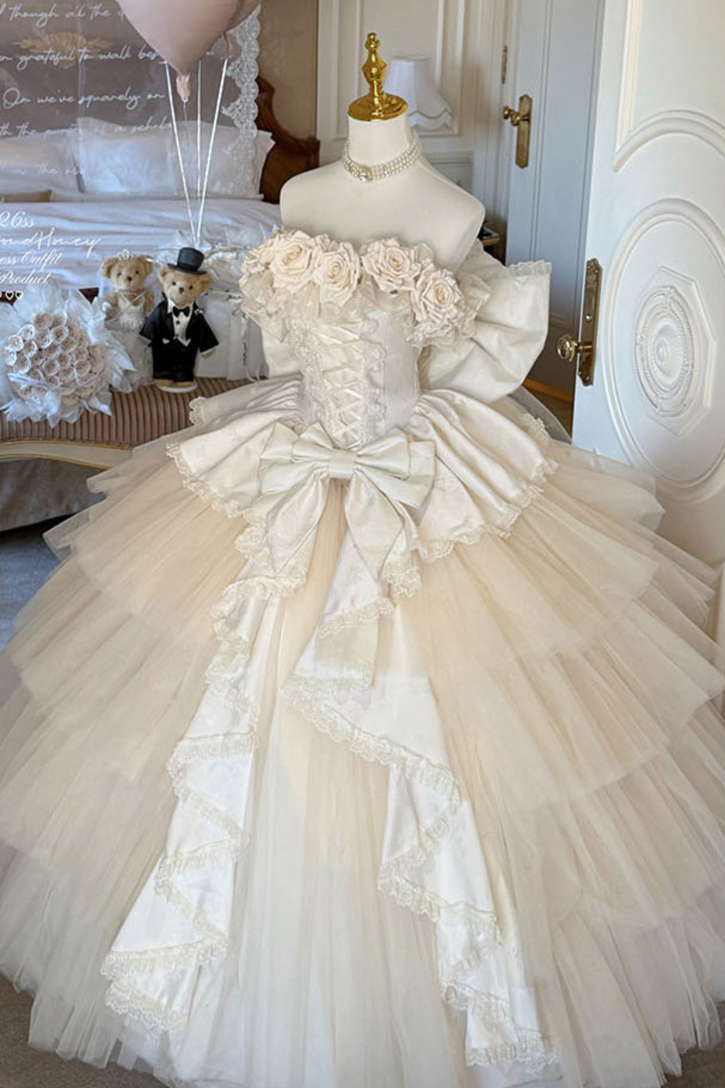 [예약상품] 4월 4일 예약마감]애프리콧 웨딩 로리타 원피스+숄+소매+리본 테일+베일