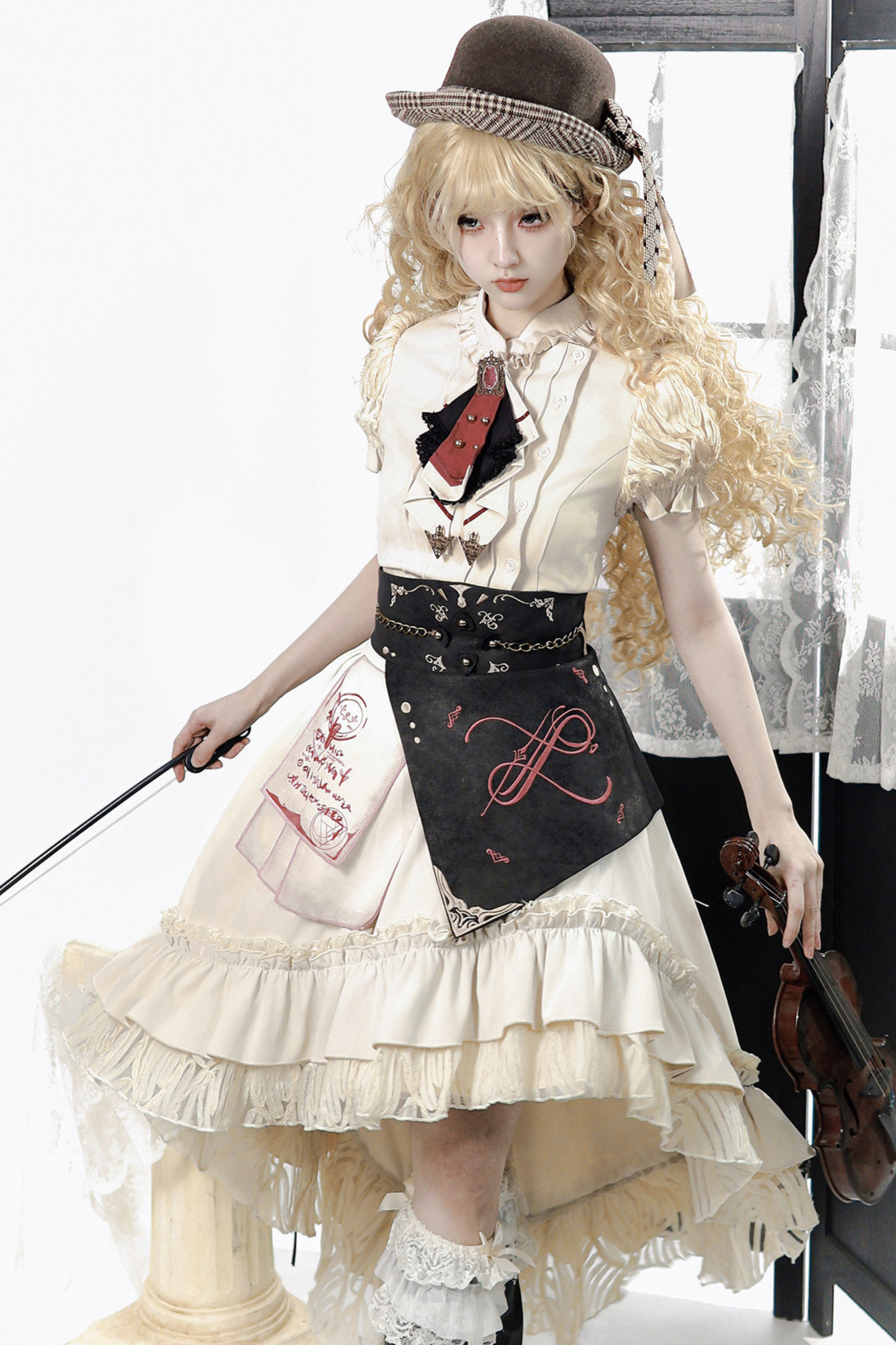 Vintage Lolita Puff Sleeve Top + Asymmetrical Skirt + Corset