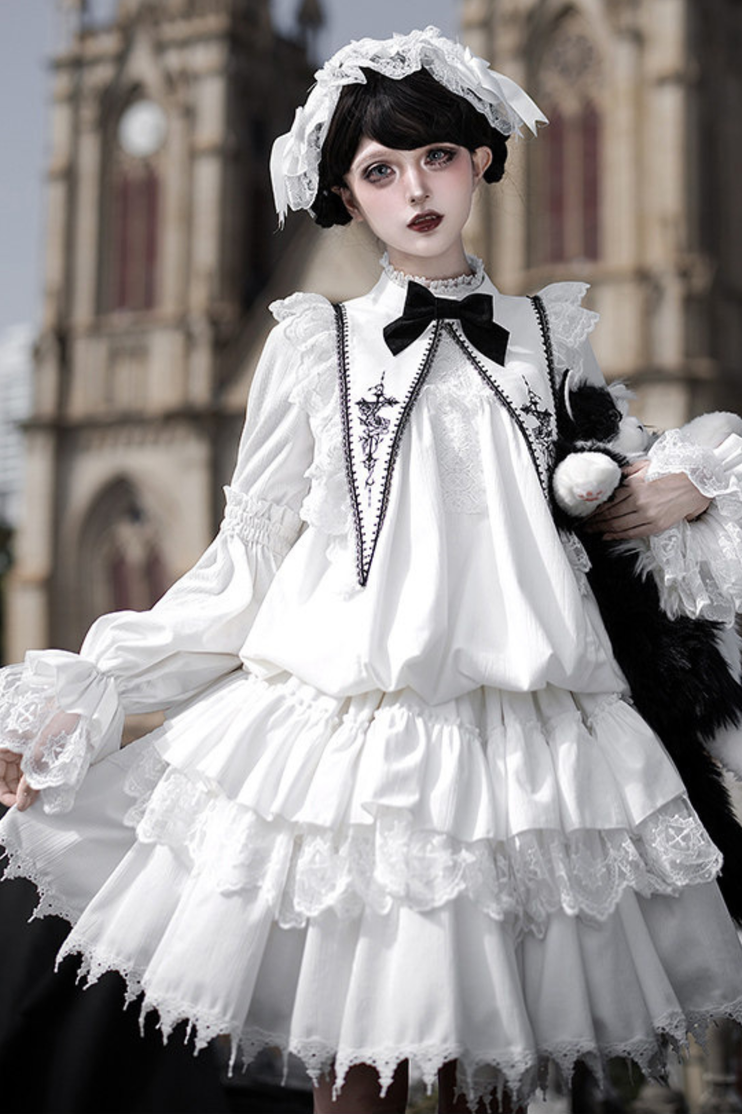 Gothic Doll Multi-Tiered Dress + Belt + Fake Collar + Hairband