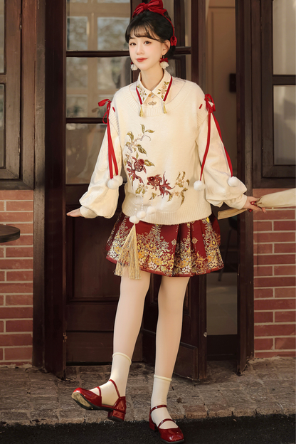 チャイナスノーニットベスト+シャツ+スカート